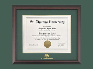 A photo of a St. Thomas University diploma in a Ƶ-branded frame